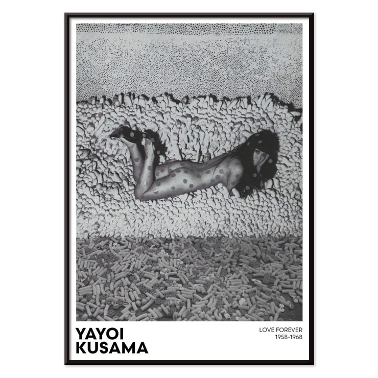 Yayoi Kusama Love Forever black and white artwork featuring a dotted figure on a textured background Poster of Yayoi Kusama's artwork featuring a black and white image of a woman with polka dots surrounded by textured shapes.