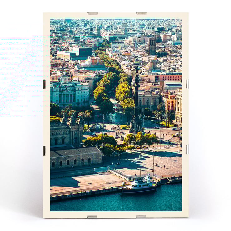 Aerial view of La Rambla in Barcelona by Mila Schön Barcelona. Poster of a vibrant aerial view of La Rambla in Barcelona showcasing the city's architecture and bustling streets