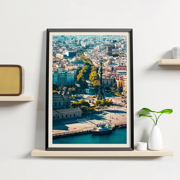Aerial view of La Rambla in Barcelona by Mila Schön Barcelona. Poster of a vibrant aerial view of La Rambla in Barcelona showcasing the city's architecture and bustling streets