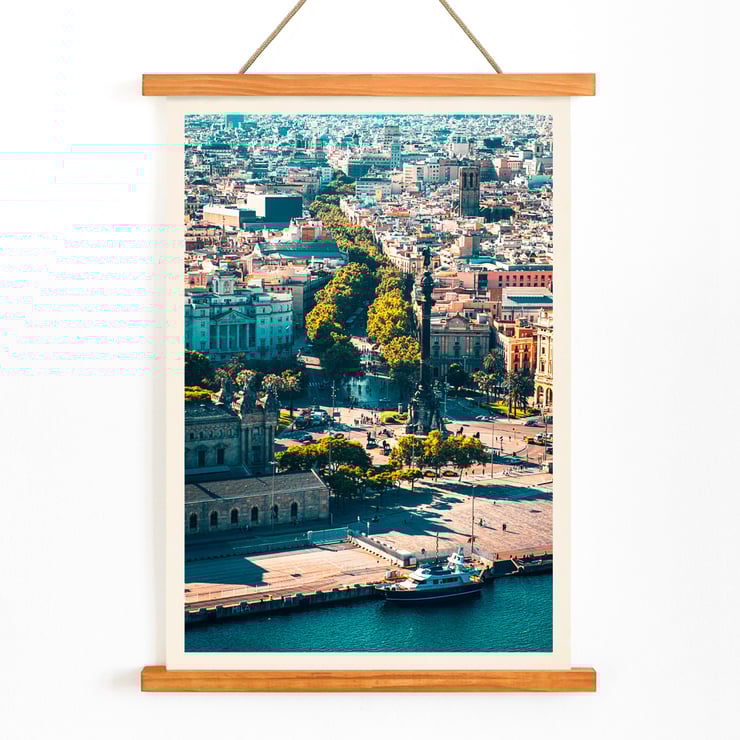 Aerial view of La Rambla in Barcelona by Mila Schön Barcelona. Poster of a vibrant aerial view of La Rambla in Barcelona showcasing the city's architecture and bustling streets