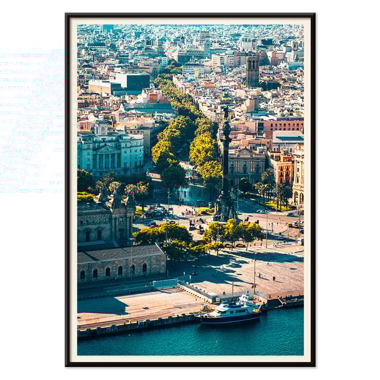 Aerial view of La Rambla in Barcelona by Mila Schön Barcelona. Poster of a vibrant aerial view of La Rambla in Barcelona showcasing the city's architecture and bustling streets