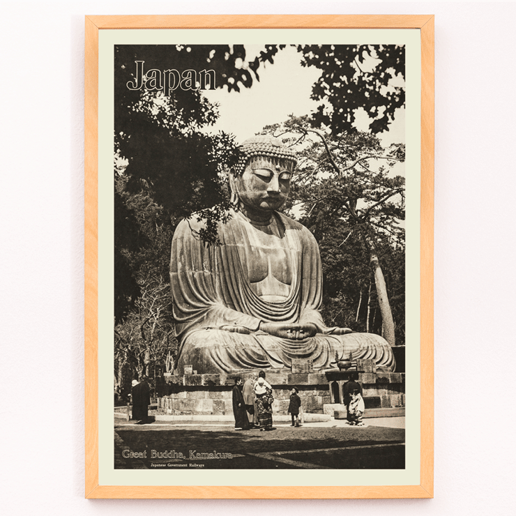 Great Buddha Kamakura by Japanese Government Railways depicting a large Buddha statue and people in Japan Japan travel poster depicting the Great Buddha in Kamakura by Japanese Government Railways with people near the statue.