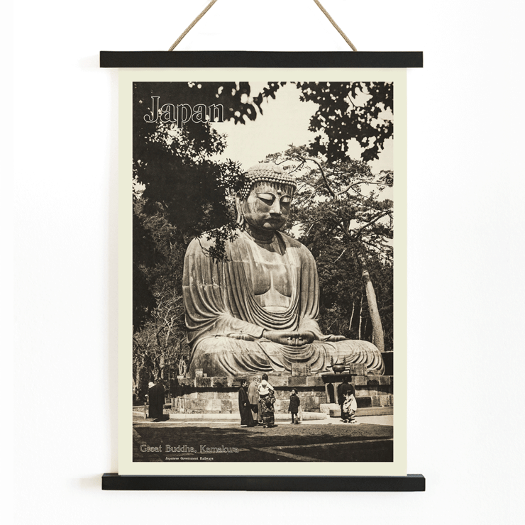 Great Buddha Kamakura by Japanese Government Railways depicting a large Buddha statue and people in Japan Japan travel poster depicting the Great Buddha in Kamakura by Japanese Government Railways with people near the statue.