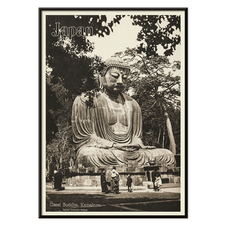 Great Buddha Kamakura by Japanese Government Railways depicting a large Buddha statue and people in Japan Japan travel poster depicting the Great Buddha in Kamakura by Japanese Government Railways with people near the statue.