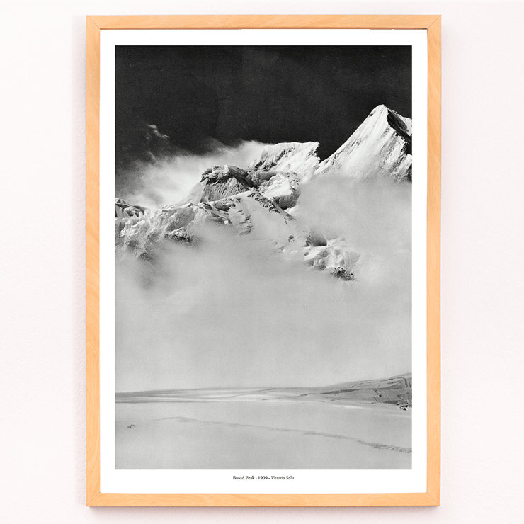 Broad Peak mountain view from Godwin-Austen Glacier by Vittorio Sella Poster featuring snow-covered Broad Peak mountain obscured by clouds, photo by Vittorio Sella titled Broad Peak vue prise du glacier Godwin-Austen.