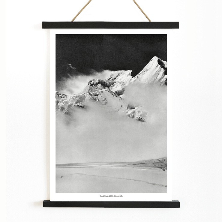 Broad Peak mountain view from Godwin-Austen Glacier by Vittorio Sella Poster featuring snow-covered Broad Peak mountain obscured by clouds, photo by Vittorio Sella titled Broad Peak vue prise du glacier Godwin-Austen.