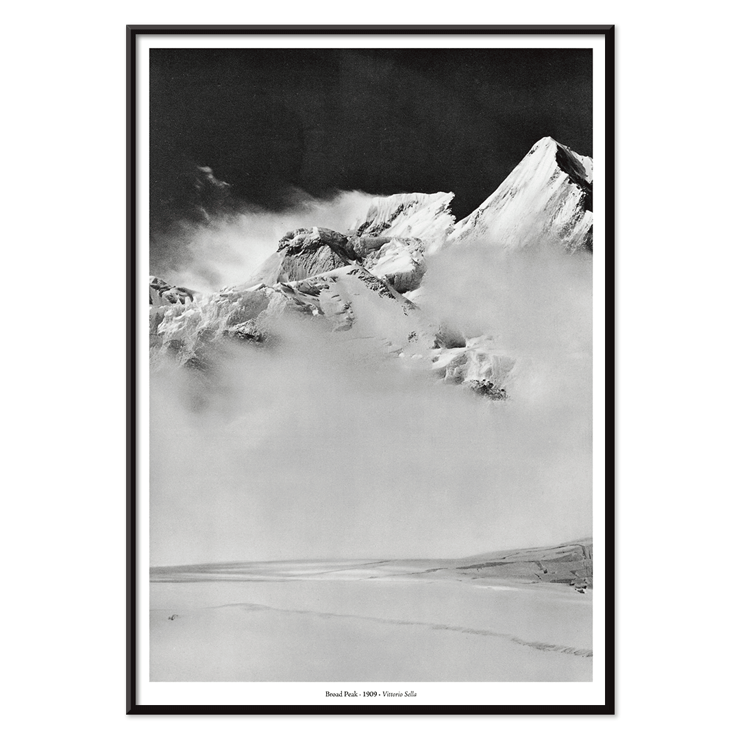 Broad Peak mountain view from Godwin-Austen Glacier by Vittorio Sella Poster featuring snow-covered Broad Peak mountain obscured by clouds, photo by Vittorio Sella titled Broad Peak vue prise du glacier Godwin-Austen.