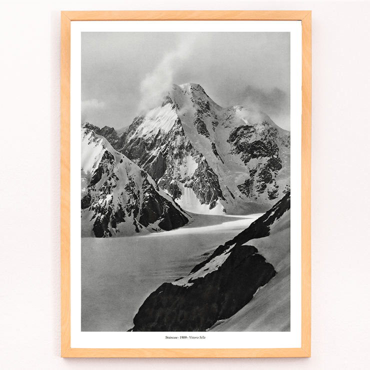 Snow-covered mountain view by Vittorio Sella in Staircase vue prise au dessus du glacier Godwin-Austen Poster of the artwork Staircase vue prise au dessus du glacier Godwin-Austen by Vittorio Sella depicting a snowy mountain landscape