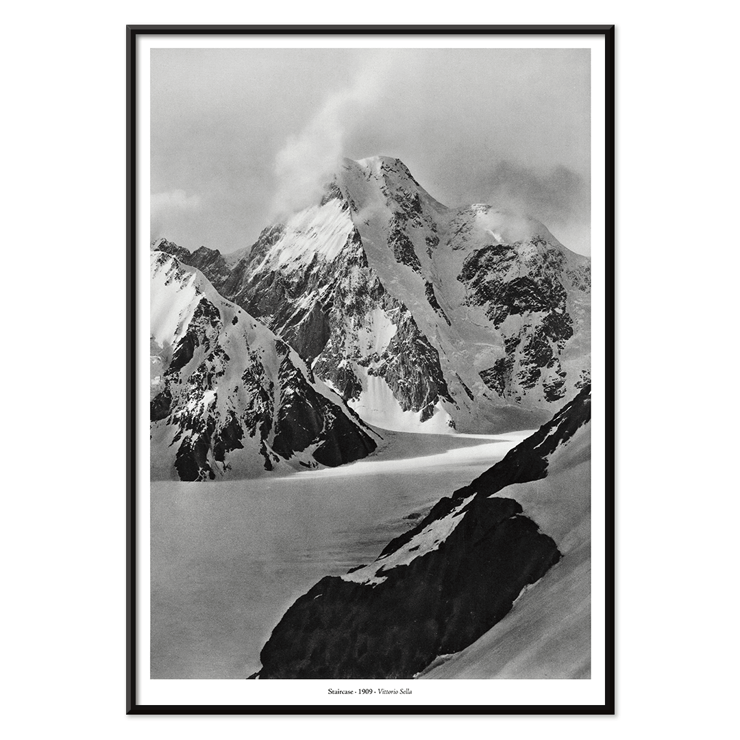 Snow-covered mountain view by Vittorio Sella in Staircase vue prise au dessus du glacier Godwin-Austen Poster of the artwork Staircase vue prise au dessus du glacier Godwin-Austen by Vittorio Sella depicting a snowy mountain landscape