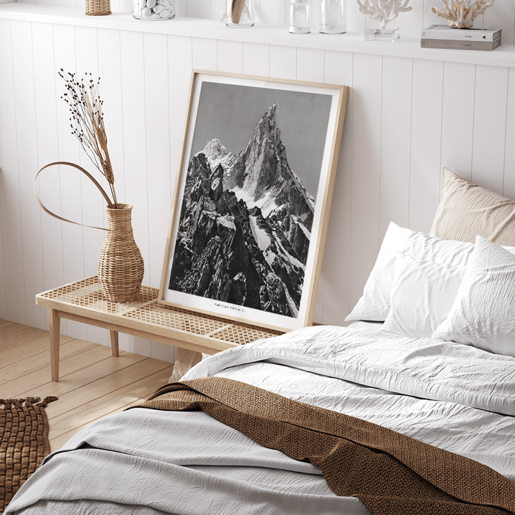 Mountain Photography with Jagged Peaks and Glacial Landscape by Vittorio Sell Aiguille calcaire à la rencontre des glaciers de Baltoro et Godwin-Austen Poster of a jagged mountain peak with snow from the artwork Aiguille calcaire à la rencontre des glaciers de Baltoro et Godwin-Austen by Vittorio Sell