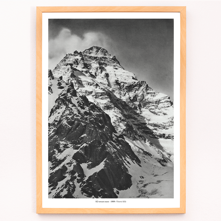 Black and white photograph of K2 western slope by Vittorio Sella Poster of the west face of K2 by Vittorio Sella showing the snow-covered mountain peak in black and white photography.