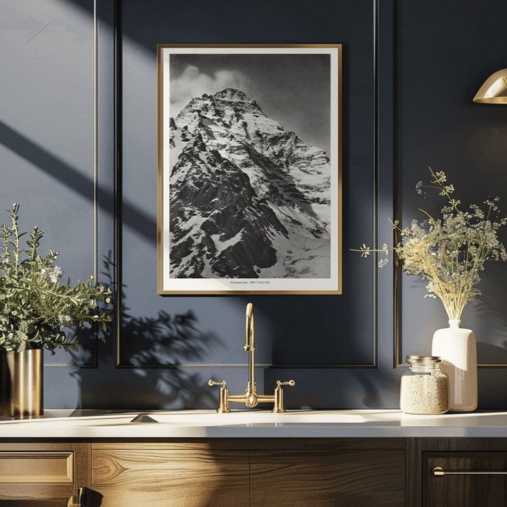 Black and white photograph of K2 western slope by Vittorio Sella Poster of the west face of K2 by Vittorio Sella showing the snow-covered mountain peak in black and white photography.