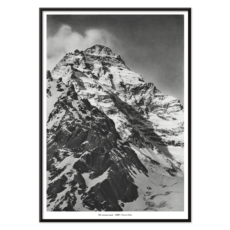 Black and white photograph of K2 western slope by Vittorio Sella Poster of the west face of K2 by Vittorio Sella showing the snow-covered mountain peak in black and white photography.
