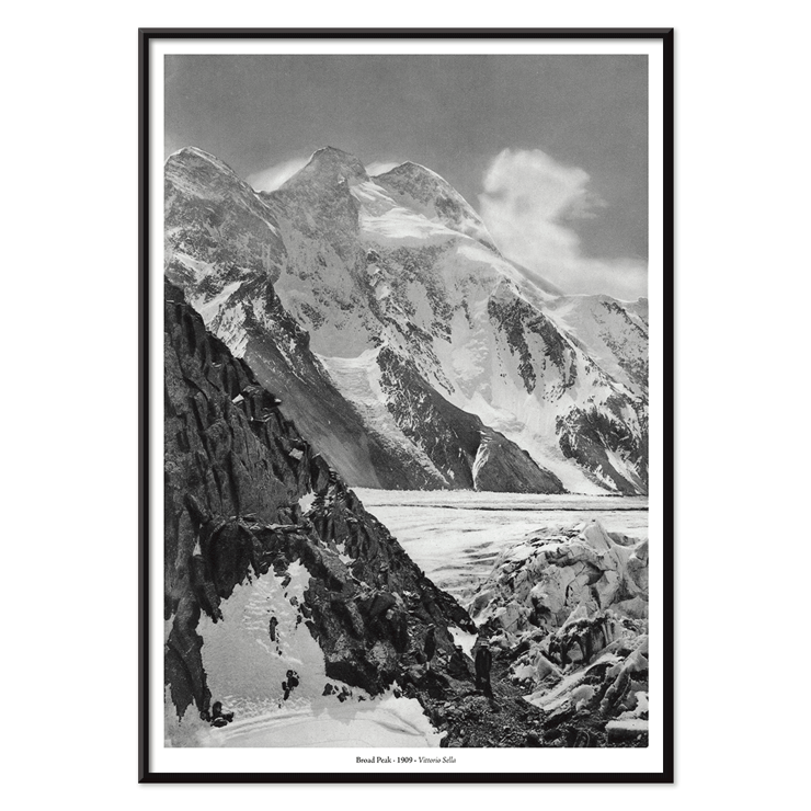 Black and white photograph of Broad Peak by Vittorio Sella featuring snow-covered mountains and climbers in the foreground Poster of snowy Broad Peak mountain captured by Vittorio Sella with mountaineers climbing amidst rocky terrain and glacier