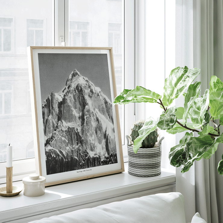 Mount Paitju towering with snow and rugged terrain photo by Vittorio Sella. Poster of Le mont Paitju, vue prise du Baltoro by Vittorio Sella showing a towering snow-covered mountain.