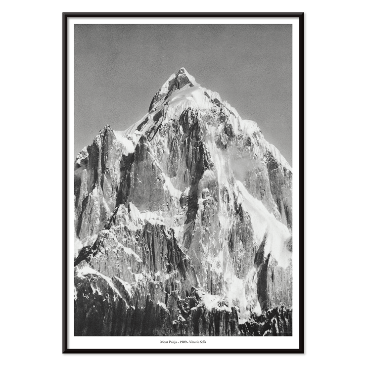 Mount Paitju towering with snow and rugged terrain photo by Vittorio Sella. Poster of Le mont Paitju, vue prise du Baltoro by Vittorio Sella showing a towering snow-covered mountain.