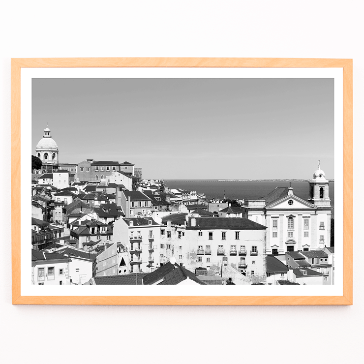 Lisbon Old City landscape black and white by Picture 2 featuring historic architecture and distant sea view Poster featuring a black and white landscape of Lisbon's old city with rooftops and historic buildings titled Lisbon Old City Landscape