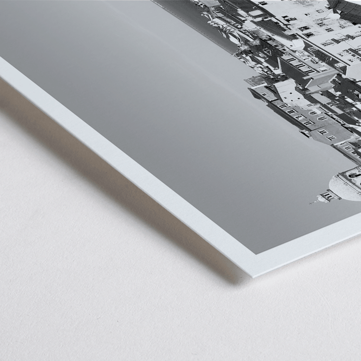 Lisbon Old City landscape black and white by Picture 2 featuring historic architecture and distant sea view Poster featuring a black and white landscape of Lisbon's old city with rooftops and historic buildings titled Lisbon Old City Landscape