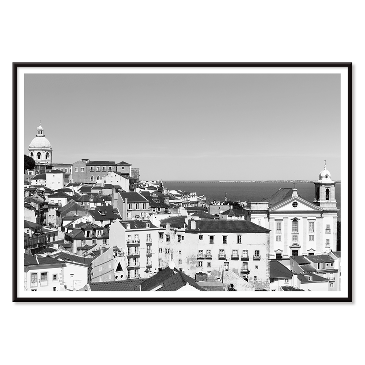 Lisbon Old City landscape black and white by Picture 2 featuring historic architecture and distant sea view Poster featuring a black and white landscape of Lisbon's old city with rooftops and historic buildings titled Lisbon Old City Landscape