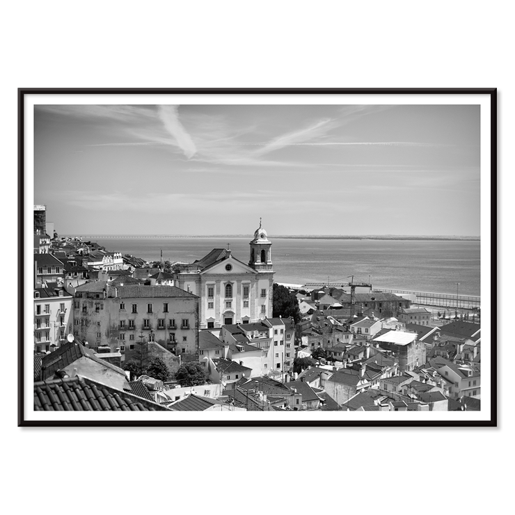 Lisbon Old City Landscape by Black & White Picture 1 depicts historic buildings rooftops and ocean view Poster featuring Lisbon Old City Landscape Black & White Picture 1 with a view of historical buildings and waterfront.