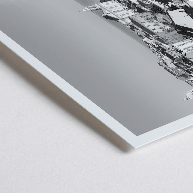Black and white landscape of Alfama Lisbon Old City by artist Alfama Lisbon Poster of Lisbon's Alfama district with a view of traditional buildings and the Tagus River by Alfama Lisbon Old City Landscape Black & White Picture
