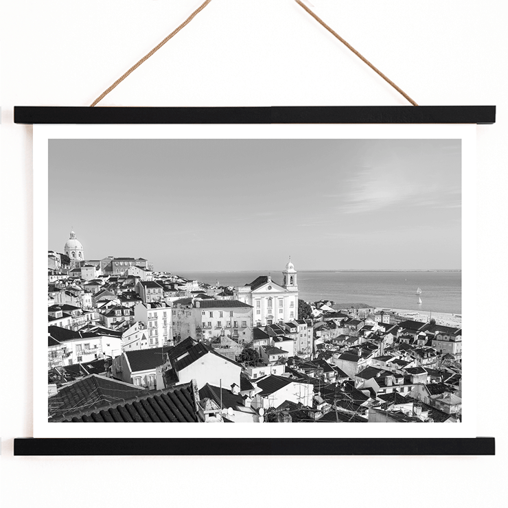 Black and white landscape of Alfama Lisbon Old City by artist Alfama Lisbon Poster of Lisbon's Alfama district with a view of traditional buildings and the Tagus River by Alfama Lisbon Old City Landscape Black & White Picture
