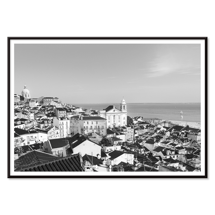 Black and white landscape of Alfama Lisbon Old City by artist Alfama Lisbon Poster of Lisbon's Alfama district with a view of traditional buildings and the Tagus River by Alfama Lisbon Old City Landscape Black & White Picture