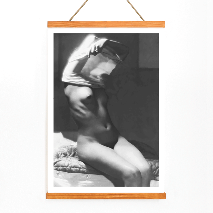 Before going to bed by Michael Heumuller depicts a person gracefully removing a garment Poster of a person removing a shirt in a dimly lit room titled Before going to bed by Michael Heumuller.