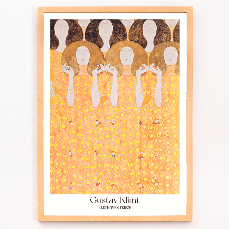Women in flowing yellow gowns by Gustav Klimt Beethoven Frieze Poster of the artwork Beethoven Frieze by Gustav Klimt with intricate golden and orange patterns and faceless figures.