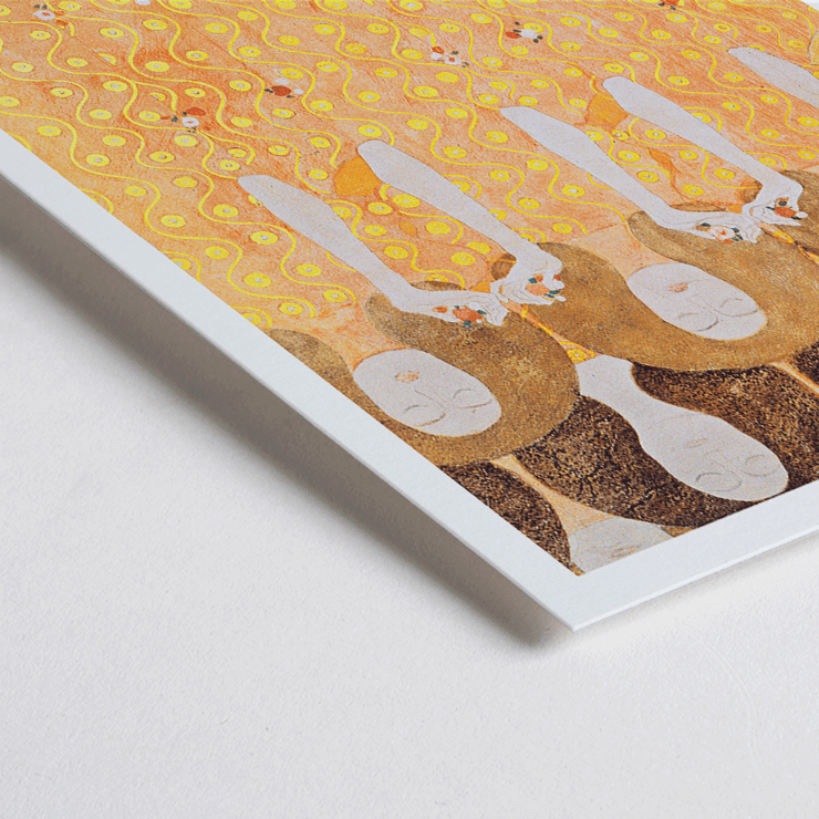 Women in flowing yellow gowns by Gustav Klimt Beethoven Frieze Poster of the artwork Beethoven Frieze by Gustav Klimt with intricate golden and orange patterns and faceless figures.