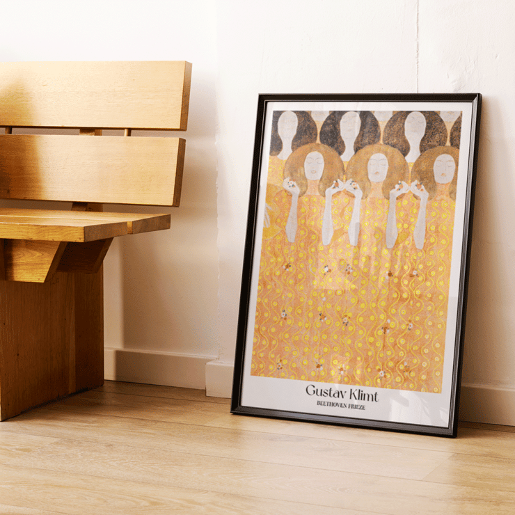 Women in flowing yellow gowns by Gustav Klimt Beethoven Frieze Poster of the artwork Beethoven Frieze by Gustav Klimt with intricate golden and orange patterns and faceless figures.