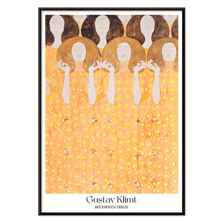 Women in flowing yellow gowns by Gustav Klimt Beethoven Frieze Poster of the artwork Beethoven Frieze by Gustav Klimt with intricate golden and orange patterns and faceless figures.