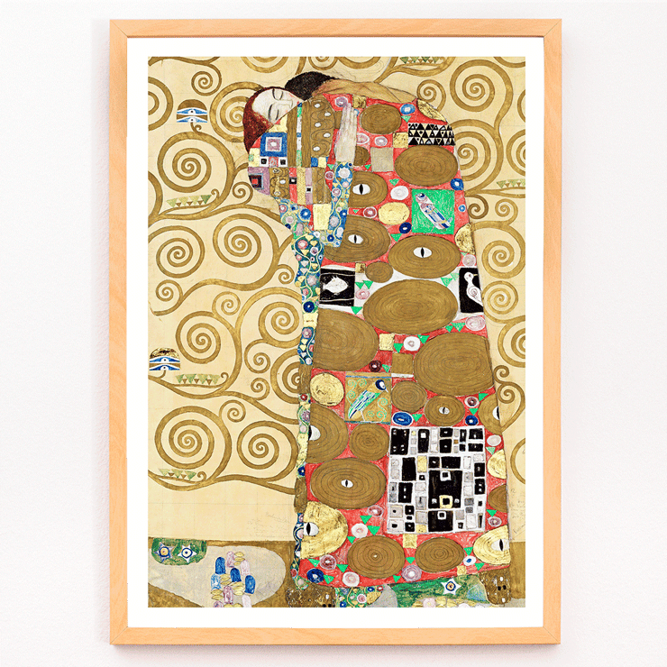 Vibrant embrace in Fulfillment by Gustav Klimt Poster of Fulfillment by Gustav Klimt featuring an intricate design with figures, colorful patterns, and swirling golden backgrounds