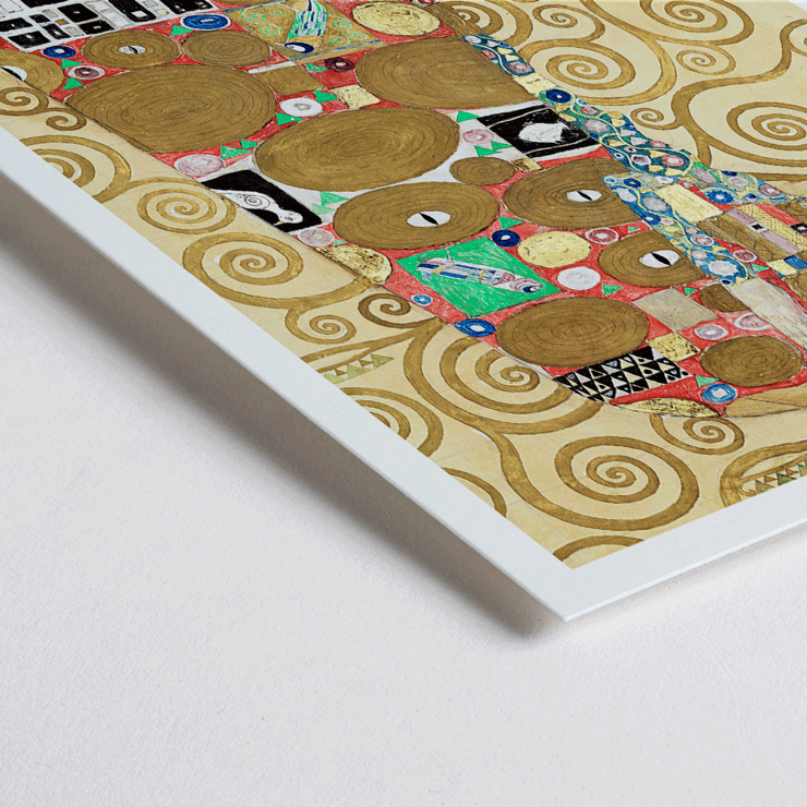 Vibrant embrace in Fulfillment by Gustav Klimt Poster of Fulfillment by Gustav Klimt featuring an intricate design with figures, colorful patterns, and swirling golden backgrounds