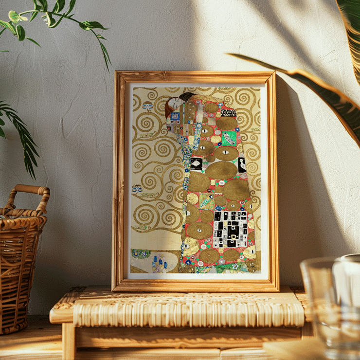 Vibrant embrace in Fulfillment by Gustav Klimt Poster of Fulfillment by Gustav Klimt featuring an intricate design with figures, colorful patterns, and swirling golden backgrounds