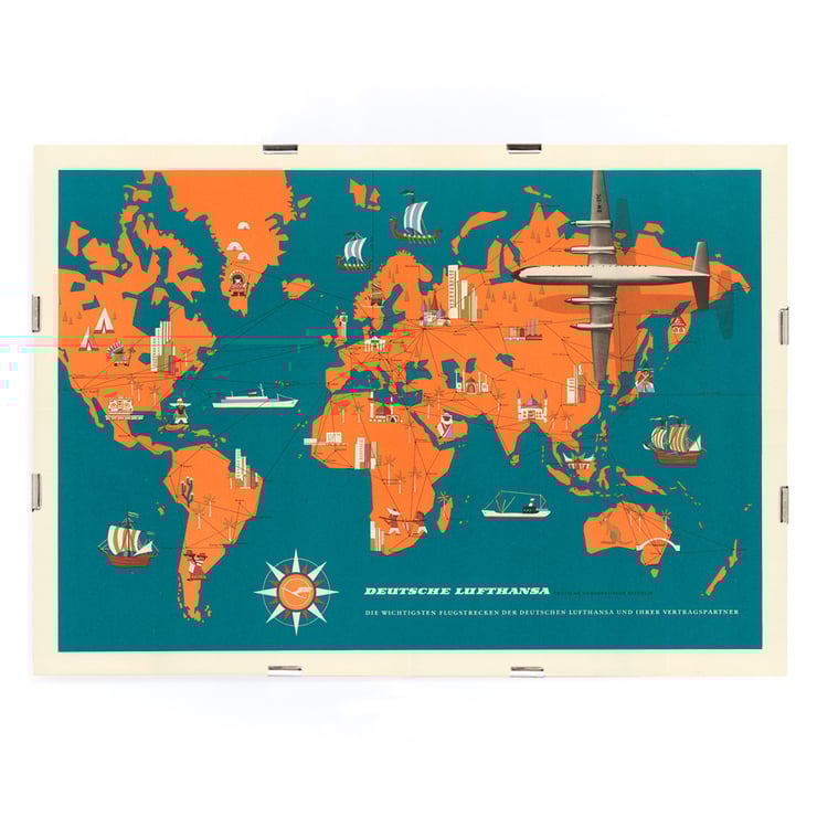 Retro aviation map art by Deutsche Lufthansa titled World Map Poster of a vibrant world map with planes ships and landmarks titled Deutsche Lufthansa World Map by Anonymous.