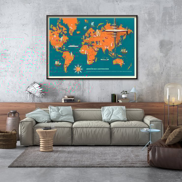 Retro aviation map art by Deutsche Lufthansa titled World Map Poster of a vibrant world map with planes ships and landmarks titled Deutsche Lufthansa World Map by Anonymous.