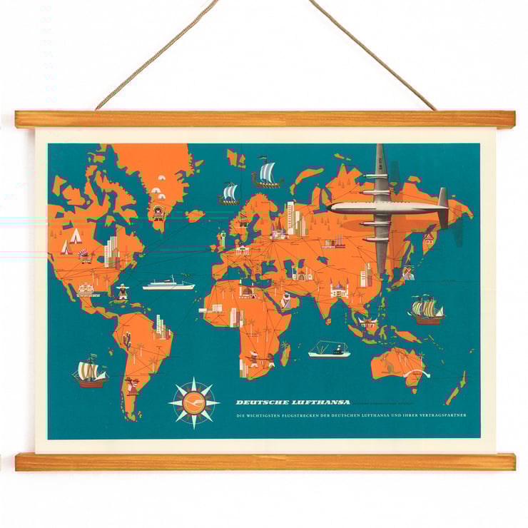 Retro aviation map art by Deutsche Lufthansa titled World Map Poster of a vibrant world map with planes ships and landmarks titled Deutsche Lufthansa World Map by Anonymous.