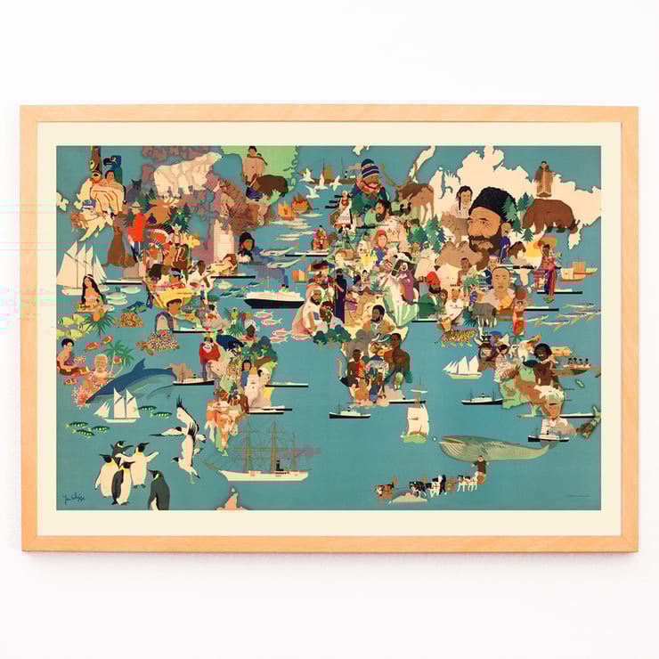Colorful world depiction illustration by Miguel Covarrubias titled Population Map Colorful world illustration poster showing diverse cultures and animals by Yanko Tihov titled Population Map.