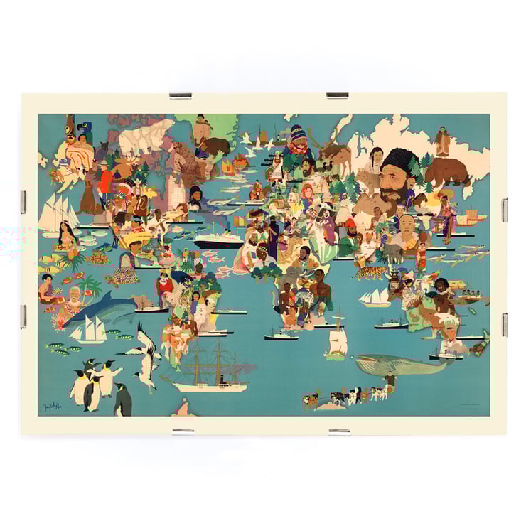 Colorful world depiction illustration by Miguel Covarrubias titled Population Map Colorful world illustration poster showing diverse cultures and animals by Yanko Tihov titled Population Map.