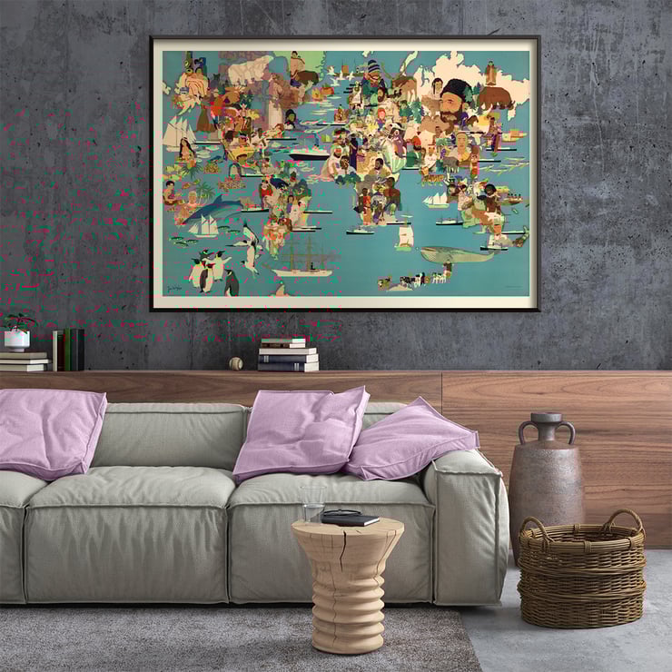 Colorful world depiction illustration by Miguel Covarrubias titled Population Map Colorful world illustration poster showing diverse cultures and animals by Yanko Tihov titled Population Map.