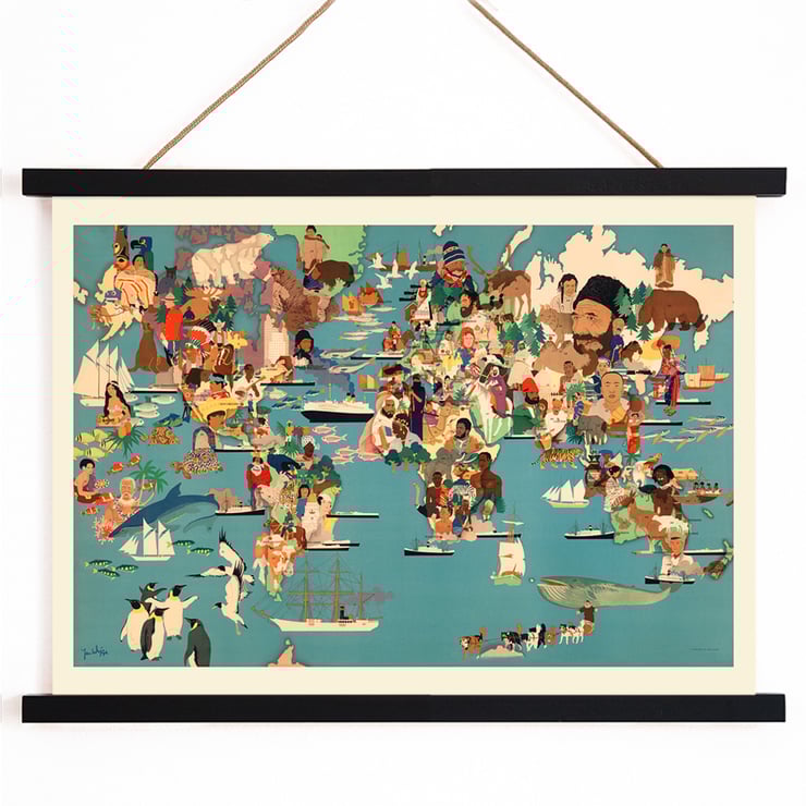 Colorful world depiction illustration by Miguel Covarrubias titled Population Map Colorful world illustration poster showing diverse cultures and animals by Yanko Tihov titled Population Map.