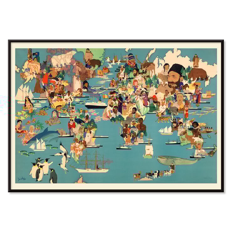 Colorful world depiction illustration by Miguel Covarrubias titled Population Map Colorful world illustration poster showing diverse cultures and animals by Yanko Tihov titled Population Map.