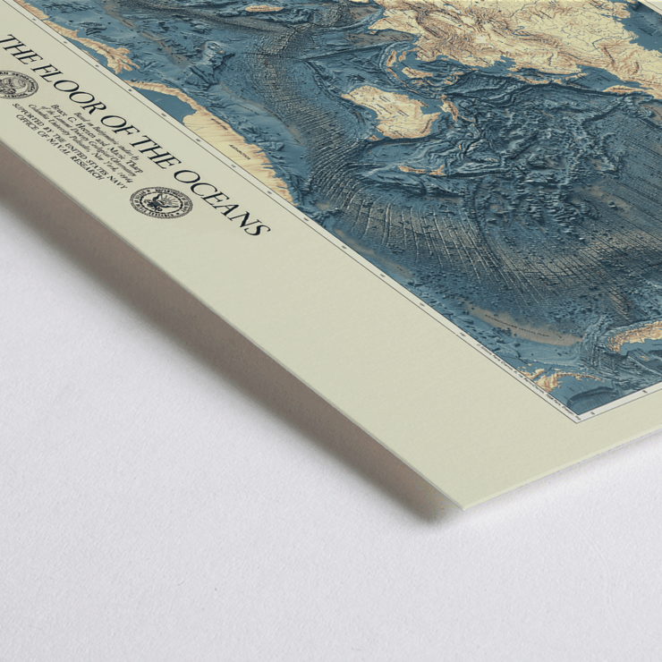 Map artwork The Floor of the Oceans by Bathymetric Map of the World. Poster featuring a world map highlighting ocean floors titled The Floor of the Oceans.