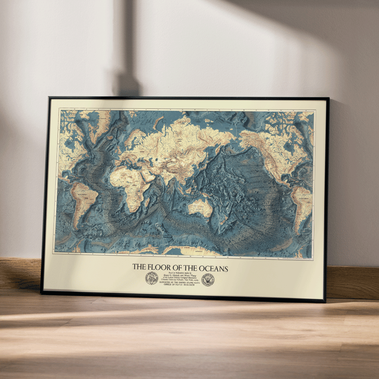 Map artwork The Floor of the Oceans by Bathymetric Map of the World. Poster featuring a world map highlighting ocean floors titled The Floor of the Oceans.