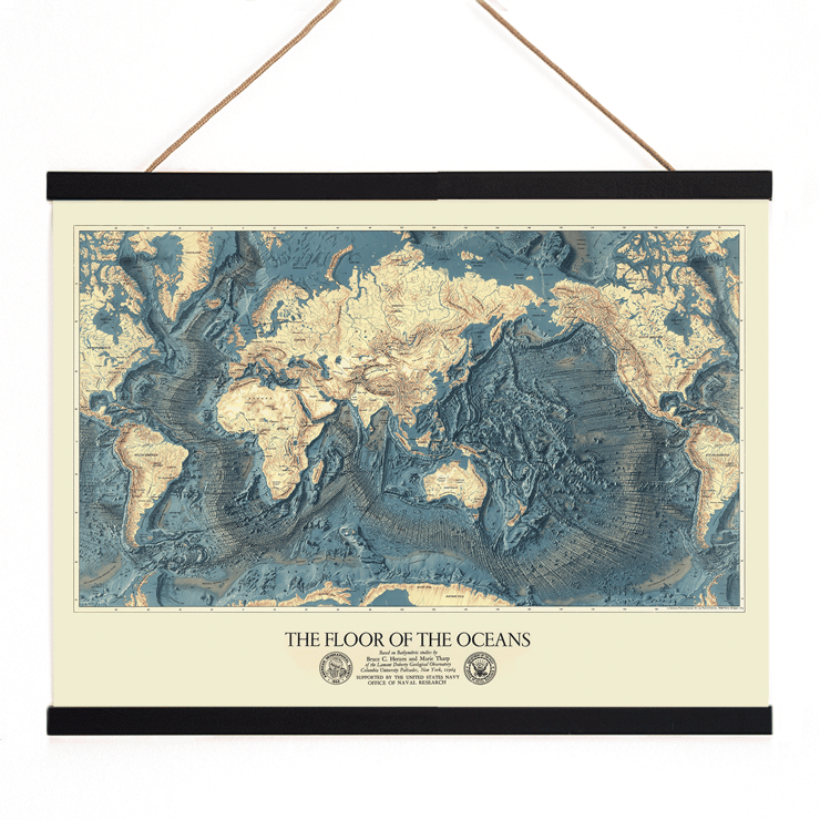 Map artwork The Floor of the Oceans by Bathymetric Map of the World. Poster featuring a world map highlighting ocean floors titled The Floor of the Oceans.