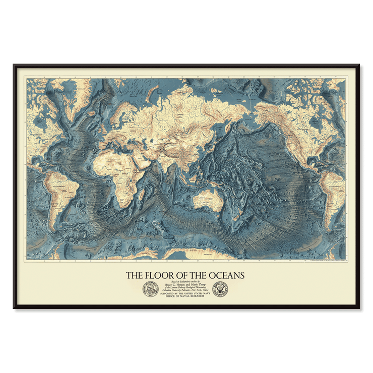 Map artwork The Floor of the Oceans by Bathymetric Map of the World. Poster featuring a world map highlighting ocean floors titled The Floor of the Oceans.