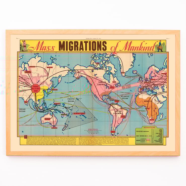 Colorful world map illustrating the mass migration of mankind Mass Migration of Mankind World Map. Poster featuring a detailed world map titled Mass Migrations of Mankind illustrating historical human migration routes.