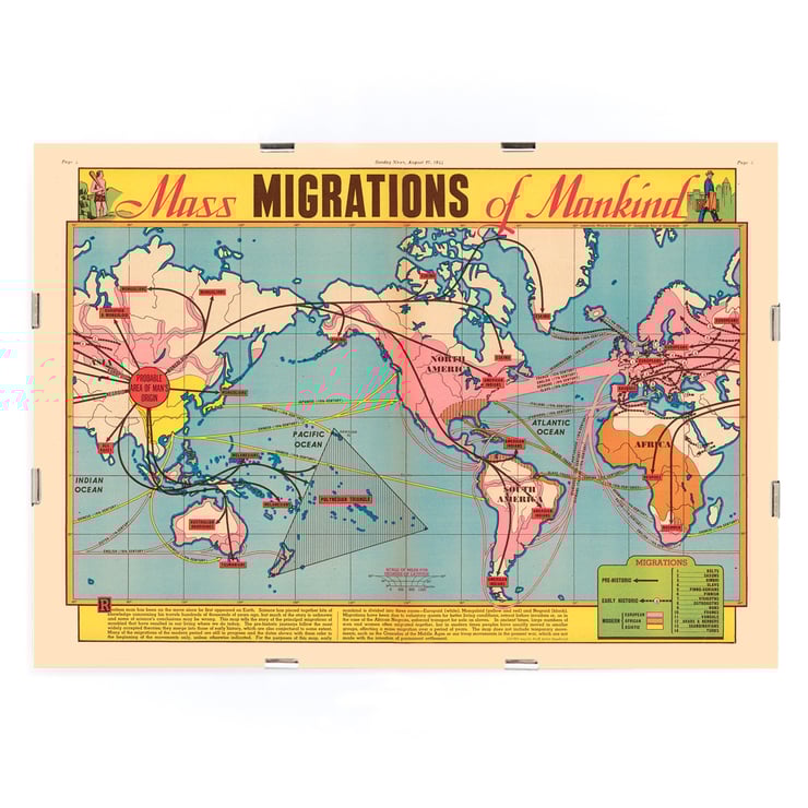 Colorful world map illustrating the mass migration of mankind Mass Migration of Mankind World Map. Poster featuring a detailed world map titled Mass Migrations of Mankind illustrating historical human migration routes.