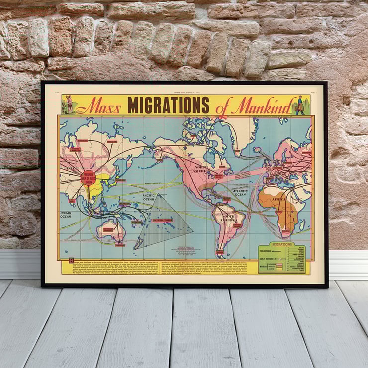 Colorful world map illustrating the mass migration of mankind Mass Migration of Mankind World Map. Poster featuring a detailed world map titled Mass Migrations of Mankind illustrating historical human migration routes.